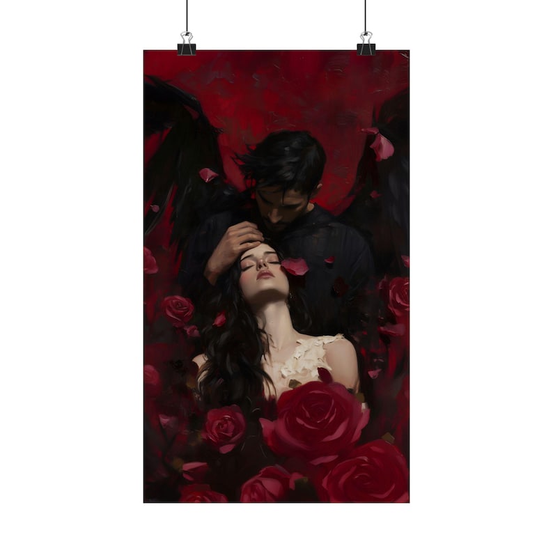 Dark Romance Wall Art, Angel Demon Love Painting, Gothic Couple Print, Red Rose Fantasy Art, Moody Romantic Decor image 7