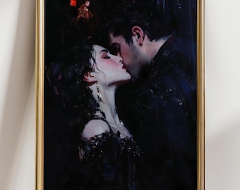 May include: A framed artwork depicts a romantic scene of a couple kissing. The woman wears a black dress and gold earrings. The man is in a dark suit. The painting has a dark, moody aesthetic with a gold frame.