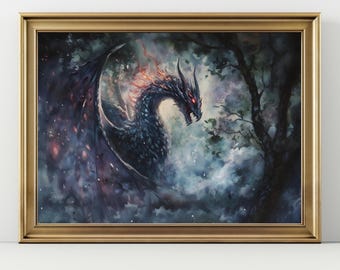 Dark Dragon Wall Art Print: Gothic Fantasy Creature in Enchanted Forest