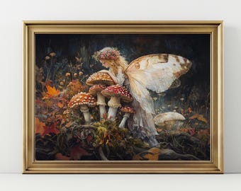 Fairy and Mushroom Art Print - Whimsical Forest Cottagecore Decor