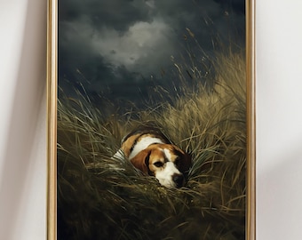 Beagle Art Print – Dog Wall Art, Beagle Painting, Pet Portrait, Countryside Dog Decor, Animal Lover Gift, Rustic Home Artwork