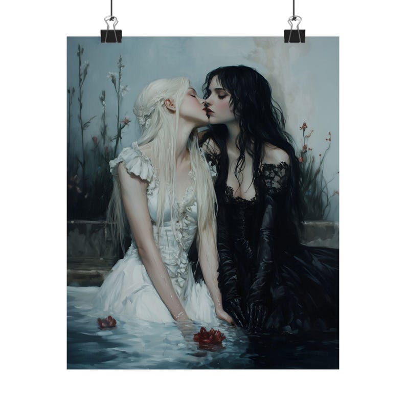 Dark and Light Gothic Romance Art – Lesbian Couple Print, Fantasy Love Painting, Witches in Water wlw Decor Bild 6