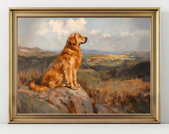 Golden Retriever Mountain Landscape Art Print, Dog Lover Wall Decor, Scenic Nature Painting, Rustic Country Artwork, Golden Retriever Gift