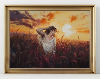 Apollo Greek God Wall Art Print, Mythology Decor with Sunset and Golden Fields, Olympian God of Sun, Light, Music and Prophecy
