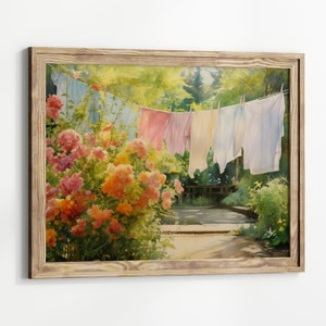Laundry on a line Matte Horizontal Posters Laundry Room Art Vintage Cottagecore Garden Painting Print farmhouse wall decor country art print