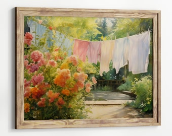 Laundry on a line Matte Horizontal Posters Laundry Room Art Vintage Cottagecore Garden Painting Print farmhouse wall decor country art print