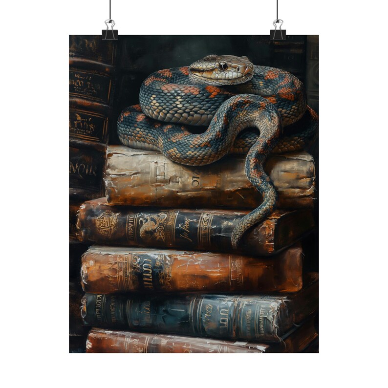 Snake on Antique Books Art Print, Dark Academia Wall Decor, Vintage Library Aesthetic, Moody Serpent Painting, Gothic Study Artwork image 6