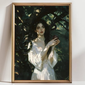 Eve and the Serpent Art Print | Dark Mythical Woman Wall Decor | Gothic Temptation Illustration