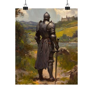 Medieval Knight Wall Art – Warrior in Armor with Sword, Fantasy Castle Landscape Painting, Chivalry Gothic Home Decor Print image 7