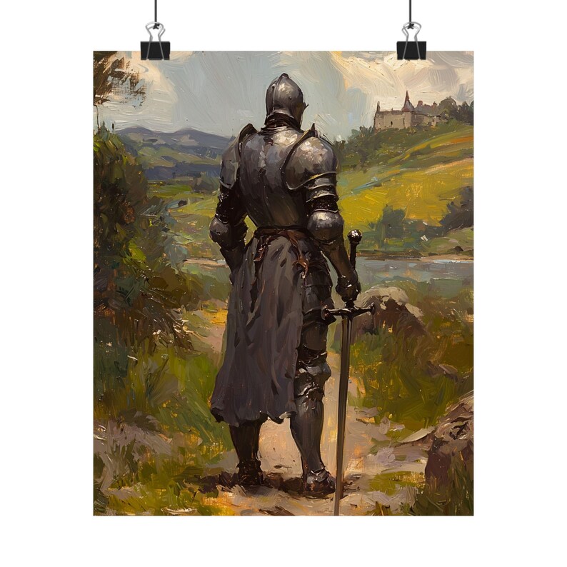 Medieval Knight Wall Art – Warrior in Armor with Sword, Fantasy Castle Landscape Painting, Chivalry Gothic Home Decor Print image 7