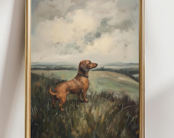 Dachshund Golden Field Landscape Print, Vintage Dog Portrait Wall Art, Classic Nature Dog Decor, Dog Lover Gift Poster