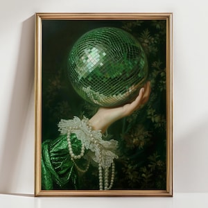 Baroque Disco Ball Art Print | Vintage Glam Wall Art | Green Disco Aesthetic Poster | Rococo Hand with Pearls | Maximalist Home Decor