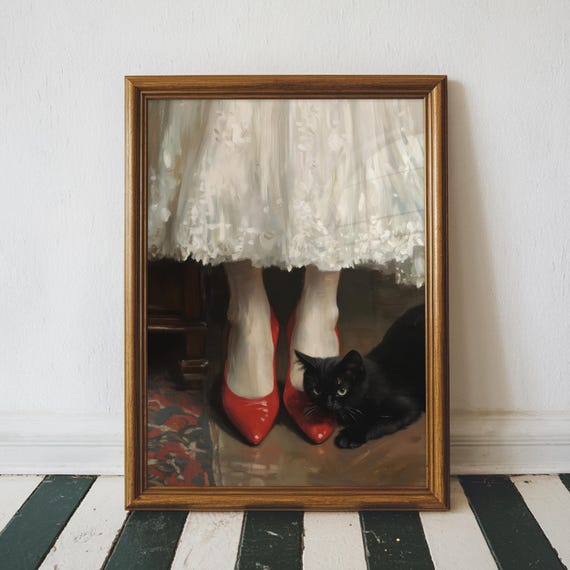 Black Cat and Red Heels Wall Art Print, Vintage Parisian Fashion Painting Elegant Woman Legs Artwork, Chic Decor, Stylish Cat Lover Wall Art