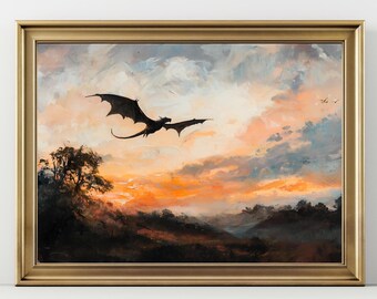 Dragon wall art, fantasy sunset painting, flying dragon print, mystical landscape decor, epic fantasy home wall hanging