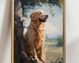 Golden Retriever Wall Art: Happy Dog in Cozy Nature Scene