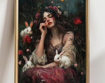 Fairy with Rabbit Wall Art, Cottagecore Art Print