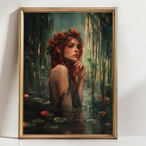 May include: A framed art print depicting a woman with red hair and a floral crown, in water. The artwork has a serene, dreamlike quality with greens, browns, and oranges. The woman is the focal point, with a thoughtful expression.