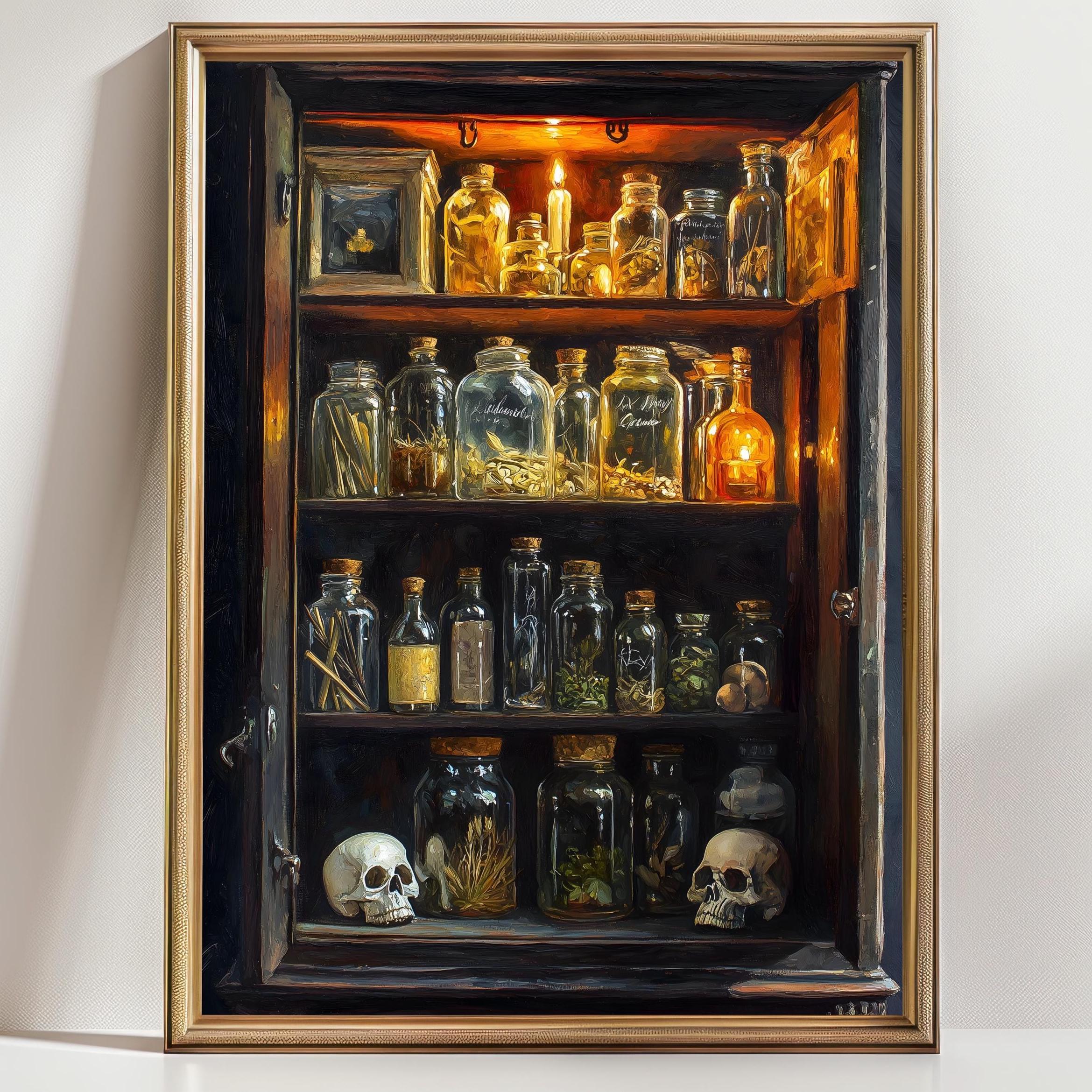Witch Apothecary Cabinet Wall Art, Vintage Potion Bottles Painting