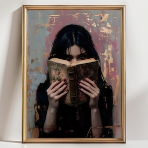 Victorian Woman Bookish Wall Art Print , Dark Academia Reading Decor, Librariancore Wall Art, Moody Reading Nook Painting, Book Lover Gift