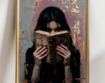 Victorian Woman Bookish Wall Art Print , Dark Academia Reading Decor, Librariancore Wall Art, Moody Reading Nook Painting, Book Lover Gift