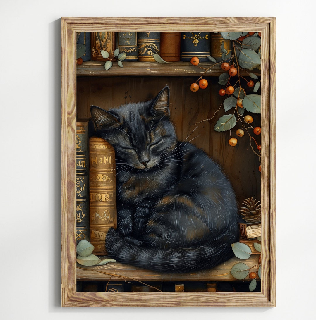 Black Cat Dark Academia Decor Moody Bookish Wall Art Stack Books Print ...