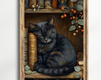 Black Cat Dark Academia Decor Moody Bookish Wall Art Stack Books Print Victorian Decor Dark Academia Decor Forest Print Library Goblincore