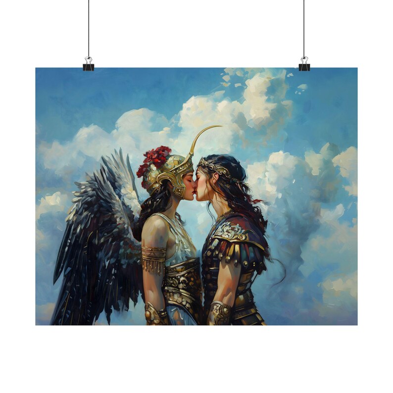May include: Two figures in a romantic embrace, one wearing a golden helmet with red flowers and a blue and gold dress, the other wearing a brown and gold armor, against a cloudy blue sky.