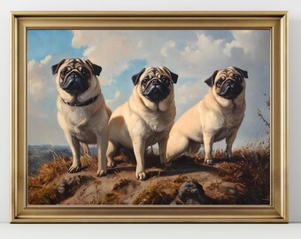 Pug Dog Trio Wall Art Print, Cute Pug Painting, Dog Lover Gift, Pug Portrait Artwork, Pet Decor for Living Room, Vintage Style Dog Print