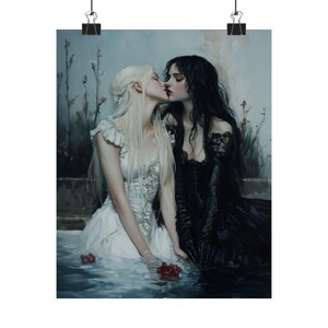 Dark and Light Gothic Romance Art – Lesbian Couple Print, Fantasy Love Painting, Witches in Water wlw Decor Bild 2