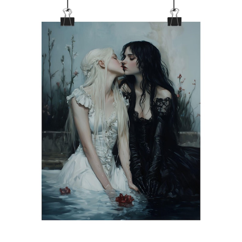 Dark and Light Gothic Romance Art – Lesbian Couple Print, Fantasy Love Painting, Witches in Water wlw Decor Bild 2