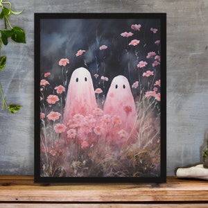 Moody Pink Flowers and Ghosts Painting, Cottagecore Wildflowers Ghost Floral Art Print, Dark Academia, Cute Nursery Poster Home Decor