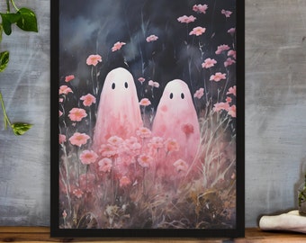 Moody Pink Flowers and Ghosts Painting, Cottagecore Wildflowers Ghost Floral Art Print, Dark Academia, Cute Nursery Poster Home Decor