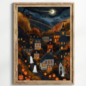 Halloween Town Folk Art Print Halloween Ghost Wall Art, Halloween Pumpkin Vintage Art Halloween Decor For Home Moody Halloween Poster