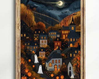 Halloween Town Folk Art Print Halloween Ghost Wall Art, Halloween Pumpkin Vintage Art Halloween Decor For Home Moody Halloween Poster