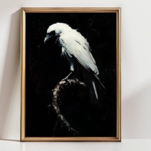 White Raven Art Print – Gothic Crow Wall Art, Dark Minimalist Bird Portrait, Mystical Corvid Decor, Moody Nature Painting