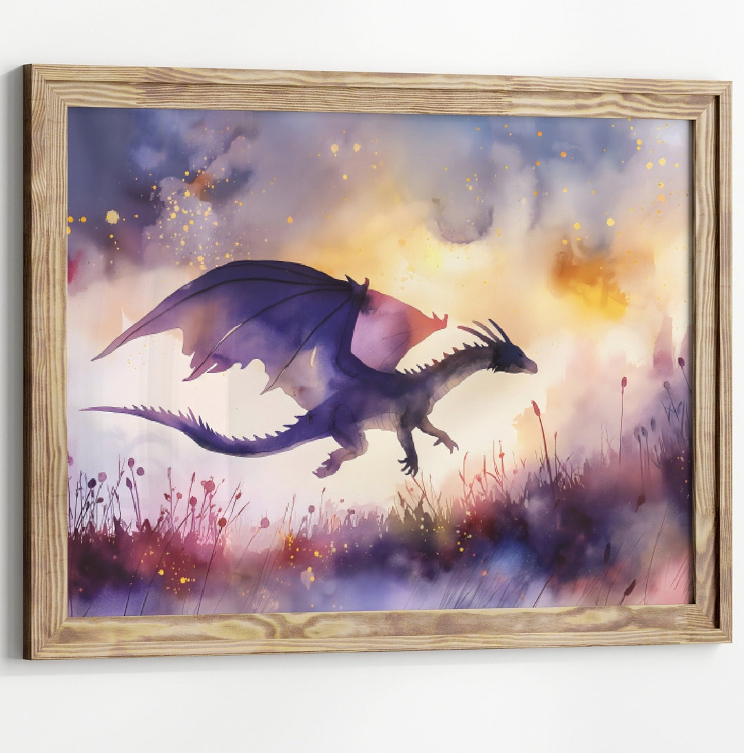 Nursery Dragon With Wildflowers Watercolor Art Poster Print Fantasy Art ...
