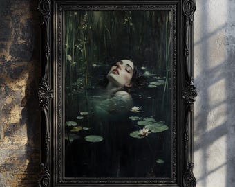 Ophelia Dark Academia Print - The Lake, Goth Moody Victorian Wall Art, Dark Decor Aesthetic, Dark Cottagecore, Gothic Prints into lake