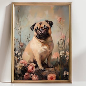 Pug Dog Art Print – Cute Floral Pug Portrait Wall Art, Whimsical Pet Painting for Dog Lovers Decor
