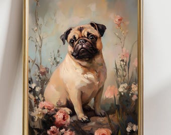 May include: A framed painting of a pug dog sitting amidst pink and white flowers. The pug has a tan coat with a black face and ears. The artwork has a soft, painterly style with a gold frame.