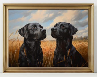 Black Labrador Wall Art, Dog Portrait Print, Hunting Dog Field Painting