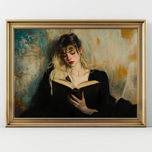 Girl Reading Book Wall Art – Moody Literary Print, Vintage Aesthetic Portrait, Romantic Reader Painting, Book Lover Decor