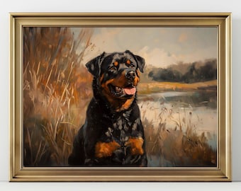 May include: A framed painting of a Rottweiler dog in a natural setting. The dog has black and tan fur and is positioned in front of tall grass and a body of water. The artwork is framed in a gold-colored frame.