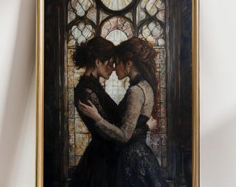 Girlfriends, Dark Academia Print Goth Moody Victorian Lesbian Wall Art, Dark Decor Aesthetic, Dark Cottagecore, Gothic Prints painting