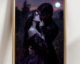 May include: A framed print depicts a romantic scene of a couple embracing in a moonlit forest. The woman wears a purple gown, and the man is in black attire. The background features a full moon and a dusky sky, creating a gothic atmosphere.