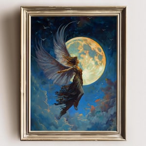 Celestial Angel Moon Print – Fantasy Winged Woman Wall Art, Dreamy Sky Goddess Poster, Ethereal Decor