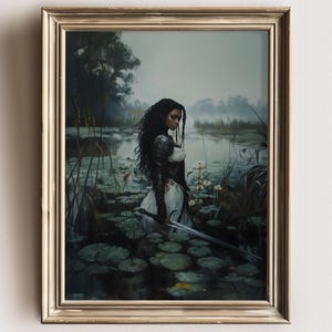 Black Woman Warrior Art | Fantasy Knight Lady Print | Sword Maiden Wall Decor | Gothic Romantic Artwork | Mythic Nature Painting