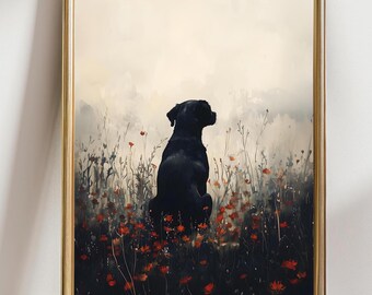 Black Labrador Dog Wall Art Print Moody Dark Wildflower hunting dog Print Vintage Wildflower Painting Floral Cottagecore Landscape Farmhouse
