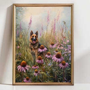 German Shepherd Wall Art – Floral Field Dog Portrait Print, Wildflower Meadow Pet Painting, Rustic Farmhouse Nature Dog Decor