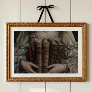 Books Victorian Art Gothic Book Lover Art Print – Dark Academia Wall Decor, Antique Books & Victorian Dress, Moody Literary Aesthetic