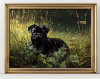 Black Pug Wall Art, Dog Lover Gift Print, Nature Pet Portrait Poster